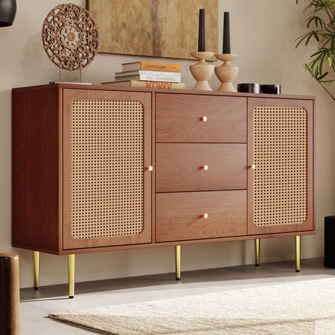 Rootz Faux Rattan Chest of Drawers - 2 Door, 3 Drawer - Walnut Finish - Ample Storage - 150L x 40D x 90H cm