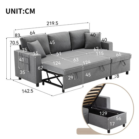 Rootz L-Shaped Sofa Bed - Convertible Couch - Sleeper Sofa - Bed Function - 219cm x 142.5cm x 70.5cm