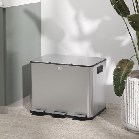Rootz Trash Can 3 x 20L - Recycling Bin - Waste Separator - Odor Control - Soft Close, Removable, Silver, 61.9x36.6x56.7cm