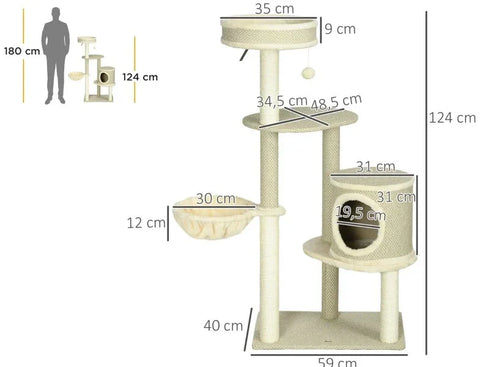 Rootz Scratching Post - Cat Tree - 1 Cat Bed - 1 Cat Cave - 2 Lying Areas - Chipboard - Imitation Linen - Brown + Beige + White - 124 cm x 59 cm x 40cm