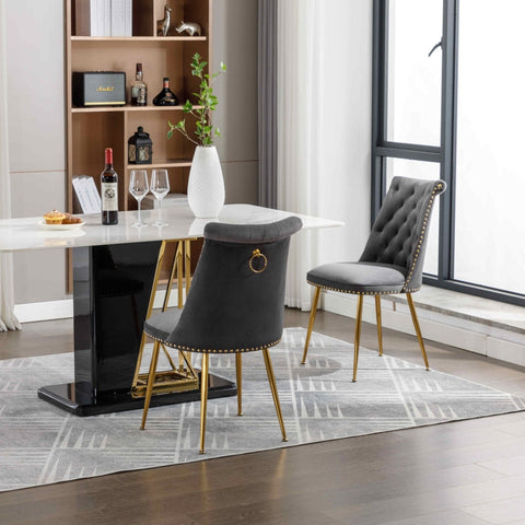 Rootz Set of Two Velvet Dining Chairs - Padded Backrest - Ergonomic Seating - Gold Metal Legs - 43.9cm x 62cm x 87.5cm