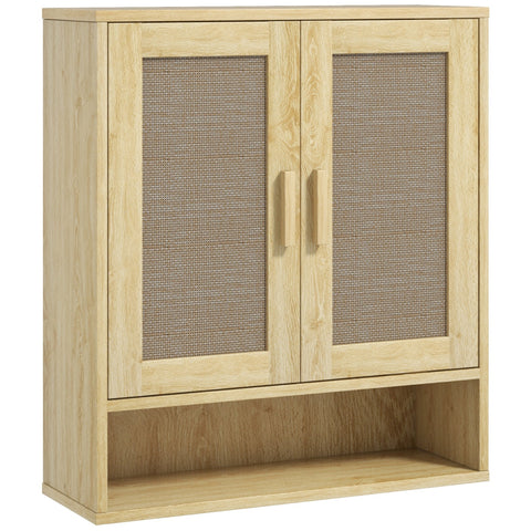 Rootz Wall Mount Bathroom Cabinet - Wall Cabinet - Boho Storage - Moisture-Resistant Rattan Doors - 59cm x 20cm x 66.5cm - Brown