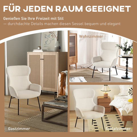 Rootz Modern Upholstered Chair - Accent Armchair - Wingback Seat - High Comfort - White - Steel Legs - 70cm x 74.5cm