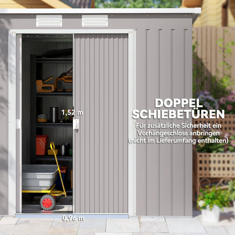 Rootz Tool Shed – Outdoor Storage, Garden Shelter – Galvanized Steel, Ventilated, Sliding Doors, Grey – 213x130x172cm Durable