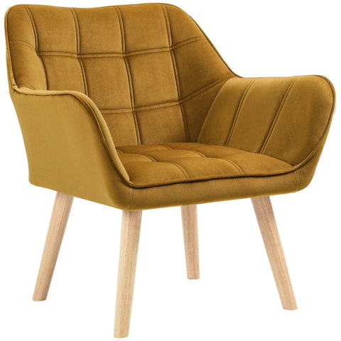 Rootz Velvet Lounge Chair - Scandi Style Accent Chair - Comfortably Padded - Rubberwood Legs - Metal Frame - Yellow - 67cm x 61.5cm x 71cm