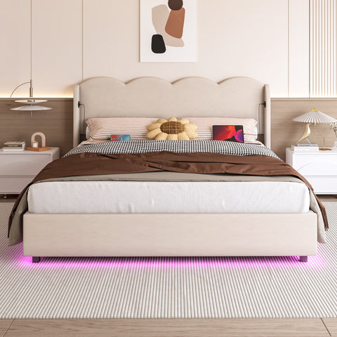 Rootz Double Bed with Wavy Headboard - Upholstered Bed - Velvet Bed - LED Lights & Storage - 205L x 168B x 96H cm - Brown