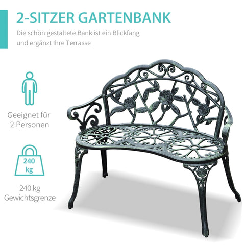Rootz 2-Seater Garden Bench - Outdoor Furniture - Metal Bench - Antique Design - Weatherproof - Easy Assembly - 100cm x 54cm x 78cm