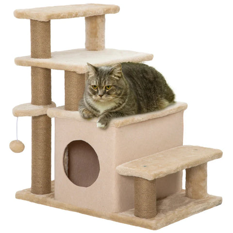 Rootz Pet Stairs - Scratching Post - 4 Steps - Play Ball House - Height Adjustable - Chipboard - Plush - Felt Fabric - Beige - 60 X 40 X 66 Cm
