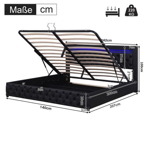 Rootz Upholstered Bed Frame - Storage Bed - LED Bed - Ample Storage Space - 207cm x 142cm x 100cm - Black