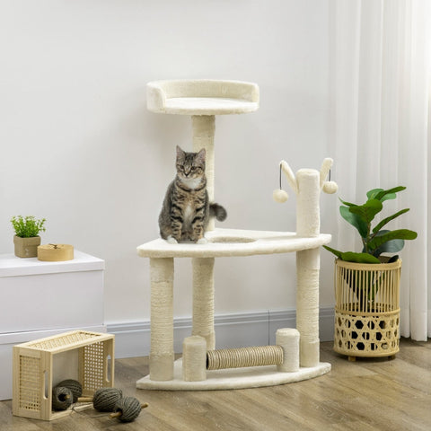 Rootz Cat Tree - Scratching Post - Cat Bed - Interactive Toys - Sisal Posts - Cozy Bed - Sturdy and Durable - 48cm x 48cm x 91cm Cream White