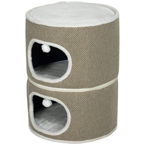 Rootz 3 Tier Cat Barrel with Cushion - Cat House - Cat Tower - Enhance Comfort - Ø51cm x 69cm, Brown- White