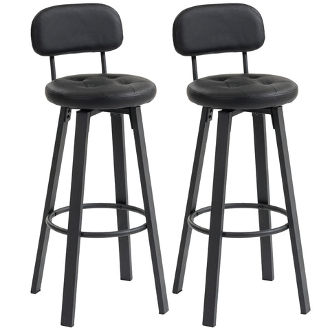 Rootz Set of 2 Bar Stools - Counter Chairs - High Chairs - Padded Faux Leather, 360° Swivel, Metal Frame, Black, 38x43.5x99 cm