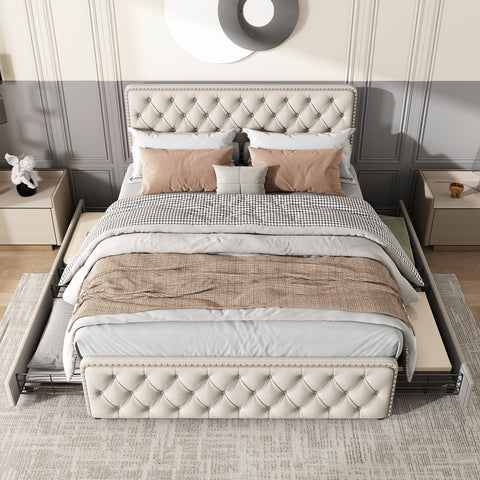 Rootz Upholstered Bed - Height-Adjustable Headboard - Storage Bed - 4 Drawers - Linen - 211.5cm x 160cm x 96.5-108.5cm - Beige