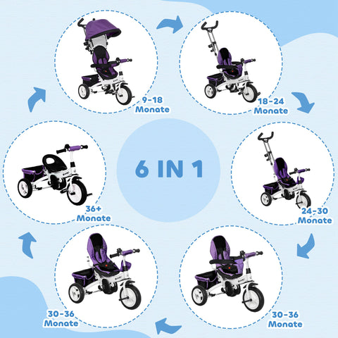 Rootz 6-in-1 Children's Trike - Tricycle - Kids Ride-On - Safety Belt - 95cm x 50cm x 106cm - Purple