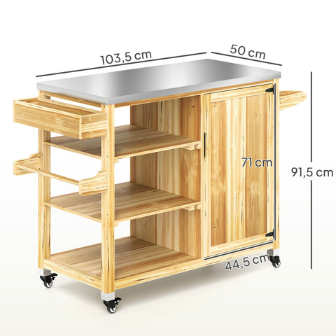 Rootz Outdoor Kitchen Island - Grilling Car - Wooden Kitchen Carts - Stainless Steel - Enhanced Mobility - 134.5l x 50b x 91.5H cm