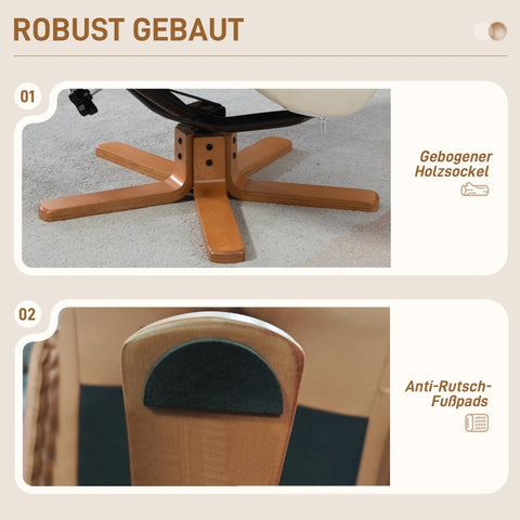 Rootz Relaxation Chair with Stool - TV Armchair - Recliner - Rocker Function - Faux Leather - Natural Wood Frame - Cream White - 71cm x 84cm x 102cm