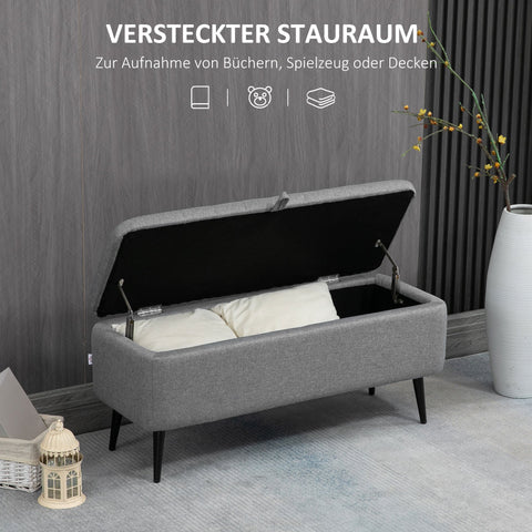 Rootz Upholstered Storage Bench - Seat Chest - Linen Look - Extra Storage - 102 x 40 x 44 cm - Grey