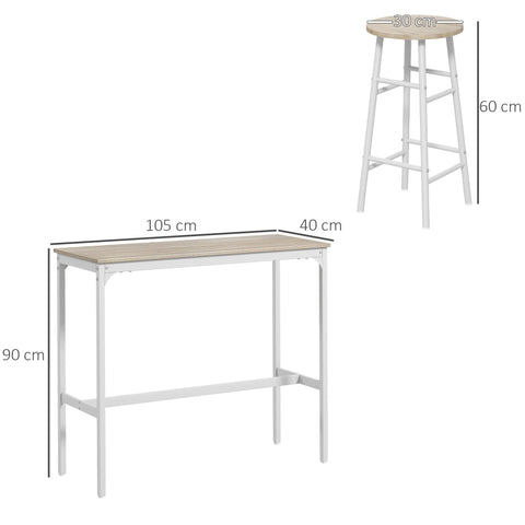 Rootz 3 Piece High Table Set - Bar Set - Dining Set - Space-Saving Design - 105x40x90cm, Stools 30x60cm - Steel & MDF, White- Brown