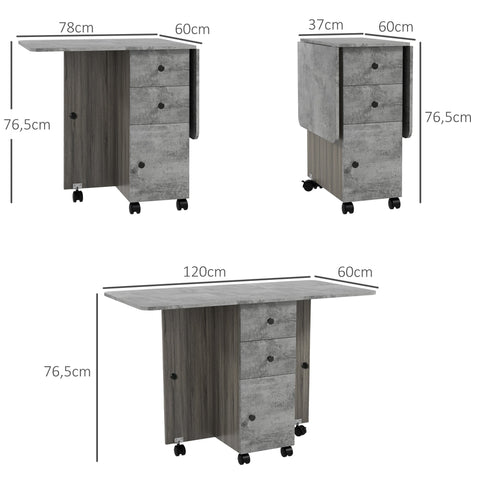 Rootz Folding Kitchen Table - Collapsible Dining Table - Space-Saving Table - 2 Folding Tops, 2 Drawers, Cupboard - 120x60x76.5 cm - Grey