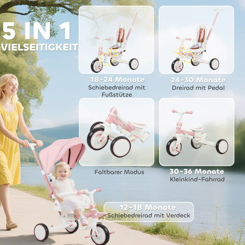 Rootz Children's Drei Bike - Changeable Baby Buggy - Adjustable Tricycle - 5-in-1 Design - Secure Ride - Pink and White - 96.5cm x 49cm x 101cm