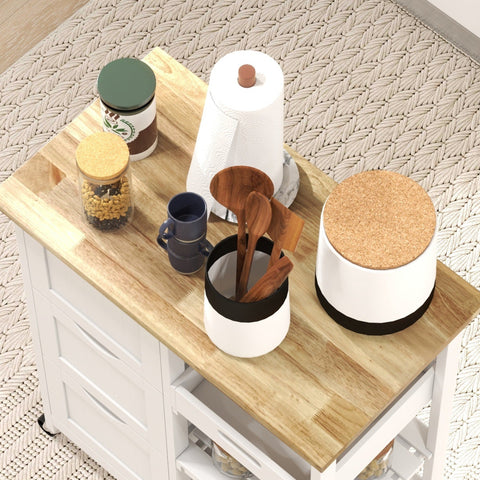 Rootz Kitchen Island Trolley - Rollable Cart - Mobile Kitchen Storage - Wooden Worktop - 67 x 37 x 85.5 cm - Durable Rubberwood