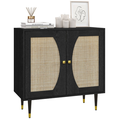 Rootz Boho Buffet Kitchen Storage - Rattan Cabinet - Double Doors Buffet - Ample Space - 80cm x 38cm x 79cm, Black & Brown