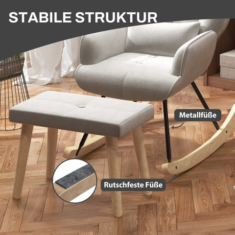 Rootz Lounge Chair with Stool - Rocking Chair - Upholstered Chair and Footstool - Velvet Padding - Rubber Wood Legs - Cream White - 66cm x 96cm x 101cm