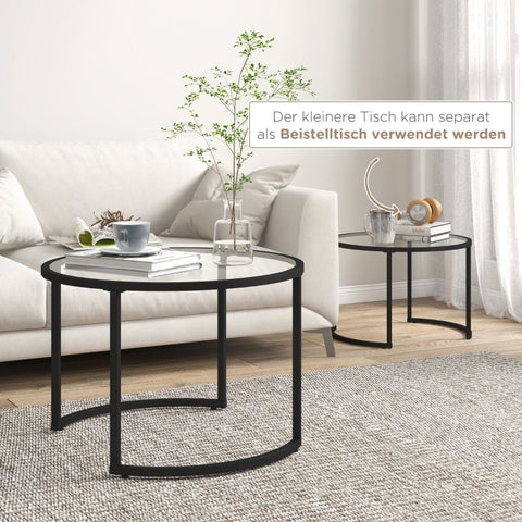 Rootz Set of 2 Side Tables - Industrial Design - Stackable Tables - Space-Saving - Durable & Easy to Clean - Stable Base - Ø70 x 47.5H cm (Large) & Ø54 x 42.5H cm (Small) - Steel & Tempered Glass