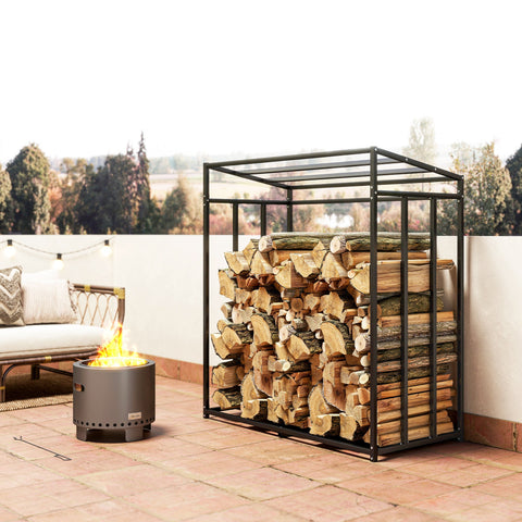 Rootz Firewood Rack Black - Steel Log Holder - Outdoor Wood Storage Stand - Weatherproof Cover - 300kg Capacity - Keeps Firewood Dry - 140 x 70 x 154 cm