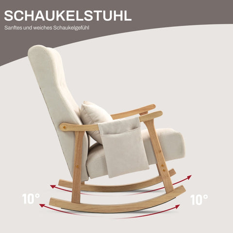 Rootz Rocking Chair - Nursing Chair - Relaxation Chair - Beige Linen Look - Wide Seat - Soft Padding - Beech Frame - 65cm x 90cm x 98cm