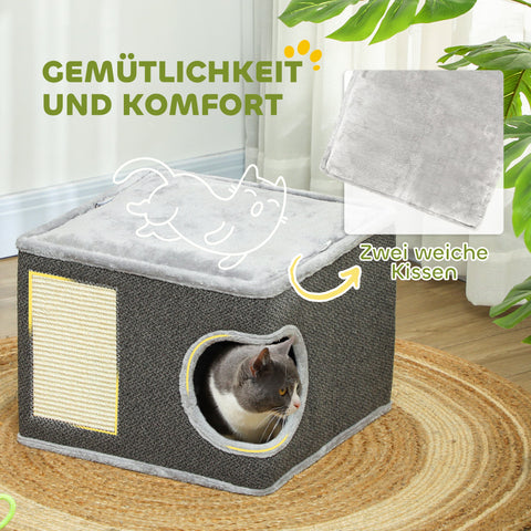 Rootz Cat House with Cushions - Cat Bed - Cat Cave - Sisal Mat - 45x45x35 cm - Plush Comfort for Cats Up to 6kg - Toy Ball Included