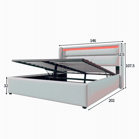 Rootz Functional Double Bed - LED Lighting Bed - Storage Bed - Hydraulic Storage - 202cm x 146cm x 107.5cm