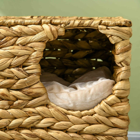 Rootz Cat Tower - Scratching Post - Three-Story Cat Condo - Washable Cushions - Natural Water Hyacinth - 40cm x 31cm x 55cm