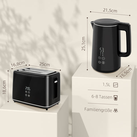 Rootz Kitchen Set with Kettle & Toaster - Breakfast Set - Cooking Set - 7 Browning Levels - Stainless Steel - 21.5cm x 15.1cm & 25cm x 16.8cm x 18.6cm