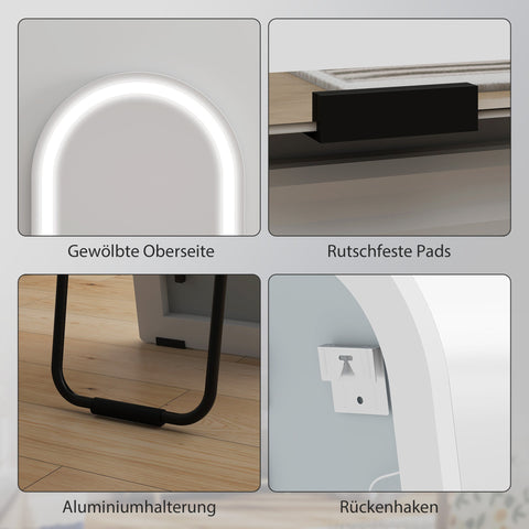 Rootz Full Length Mirror with LED Lights - Dressing Mirror - Vanity Mirror - Dimmable Lighting - Arch Shaped - White - 150 x 40 cm