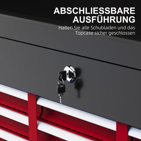 Rootz Tool Box - Lockable Storage - 3 Drawer Organizer - Durable Steel - Efficient Tool Management - 60cm x 26cm x 34cm - Red+Black