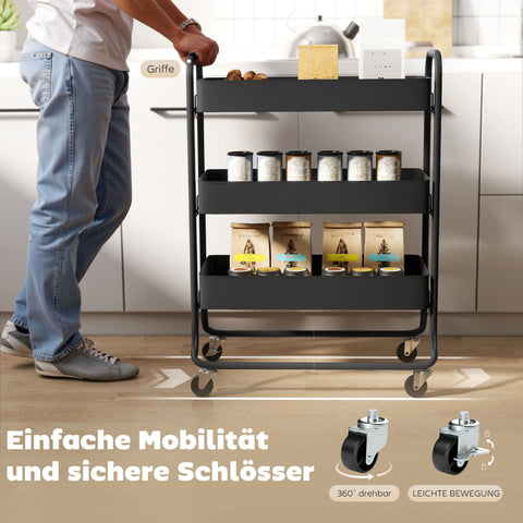 Rootz Kitchen Trolley - Storage Cart - Rolling Organizer - Declutter & Mobile Design - Metal, Black, 3 Baskets, 4 Wheels, 64.5x34x87 cm