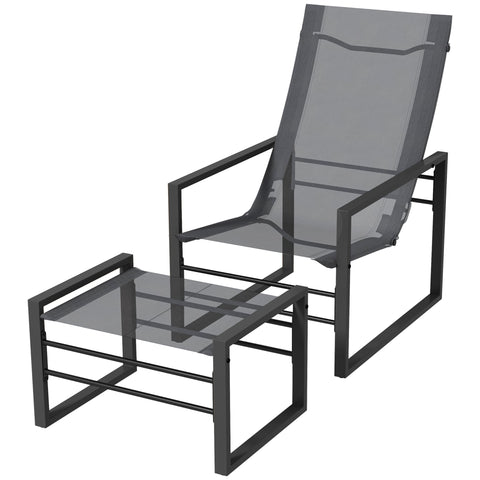 Rootz Garden Relax Armchair & Footrest - Deck Chair - Metal Structure - Breathable Mesh - 66cm x 88cm x 95cm - Stylish Grey Finish