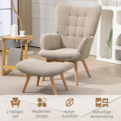 Rootz Accent Chair and Ottoman Set - Wing Chair - Armchair - Comfortable Seating - Versatile Use - Stylish Design - 72cm x 80cm x 101cm - Beech Wood and Cord Look