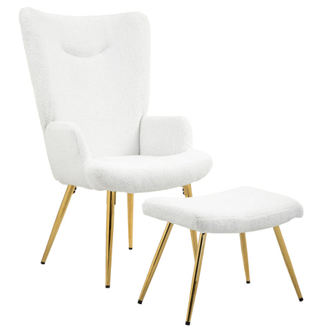 Rootz Wing Chair with Stool - Lounge Chair - Accent Chair - High Back Comfort - 73W x 68D x 111H cm, 52W x 38D x 40H cm, White Sherpa Cover, Gold Legs