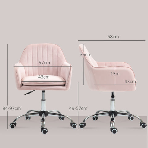Rootz Pink Desk Chair - Adjustable Office Chair - Rotating Home Chair - Velvet Comfort - 57cm L x 58cm W x 84-97cm H
