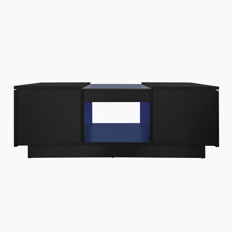 Rootz Black Coffee Table - Glass Paneling - LED Lighted Table - App-Controlled - 2 Drawers, Open Compartment - 100L x 50W x 35.5H cm