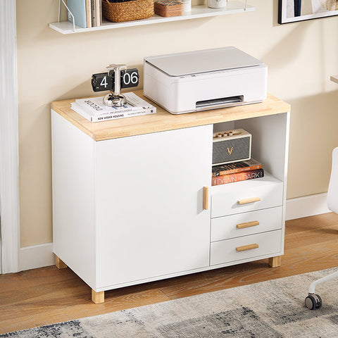 Rootz Office Storage Cabinet - Filing Cabinet - Wooden Organizer - White and Brown Look - 90x75x45cm - MDF & Rubber Wood