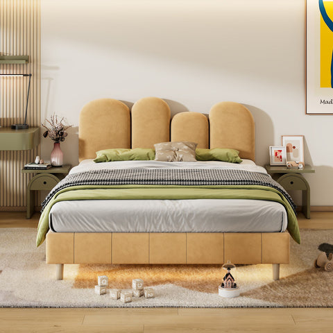 Rootz Upholstered Bed Frame - Velvet Platform Bed - LED Bed - Cozy Lighting - Fits 140x200 cm Mattress - 207x149x103 cm - Khaki