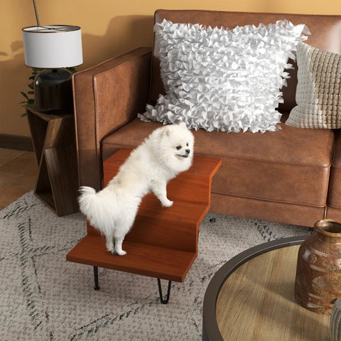 Rootz Pet Stairs - Dog Stairs - 3 Steps - Pine Wood - Non-slip Foot Pads - Brown + Black - 46cm x 54cm x 42.5cm