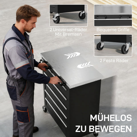 Rootz 5 Drawer Tool Cabinet – Rolling Tool Box – Steel Tool Trolley – Secure Storage – Organizes Tools – 65.5x34.5x76 cm – Silver + Black