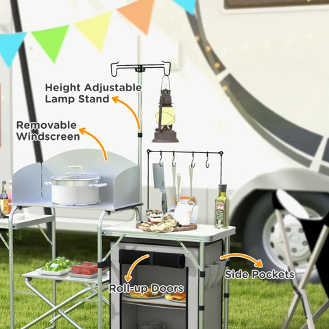 Rootz Camping Kitchen - Outdoor Kitchen - Uv Protection - Table Top - 3-sided - Carry Bag - Aluminum - 600d Oxford Fabric - Silver -  144L x 48W x 119H cm