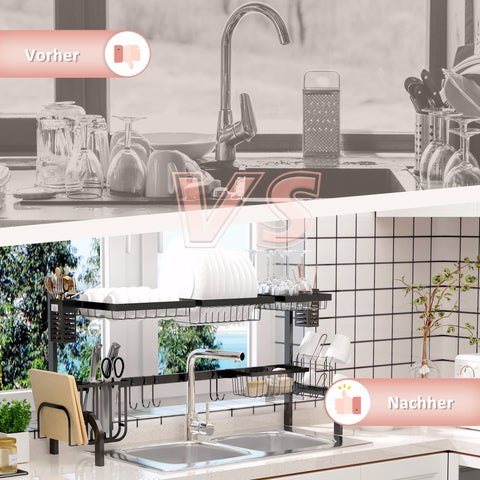 Rootz 2-Stage Drip Stand - Dish Drainer - Plate Rack - Maximizes Organization - Black Steel - 100cm x 30cm x 52.5cm