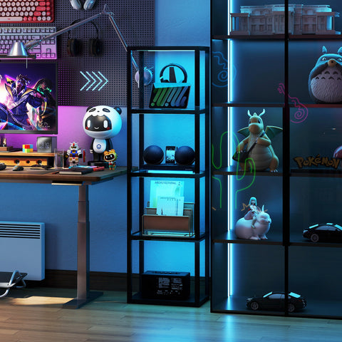 Rootz RGB Floor Lamp with Glass Shelves – LED Standing Light – Modern Shelf Lamp – Mood Lighting – Remote Controlled – 45x29x157cm – Black