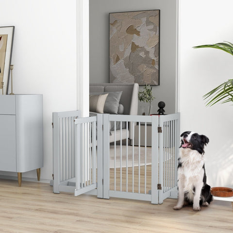 Rootz Free-Standing Dog Gate with Door - Wooden Pet Safety Fence - 4 Panel Foldable Design - High Stability - Gray - 204cm x 36cm x 75cm
